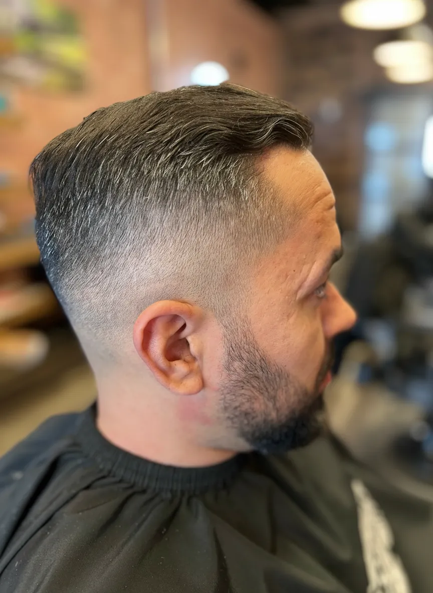 Classic mens haircut with textured top at Alfani's Barbershop East Colfax